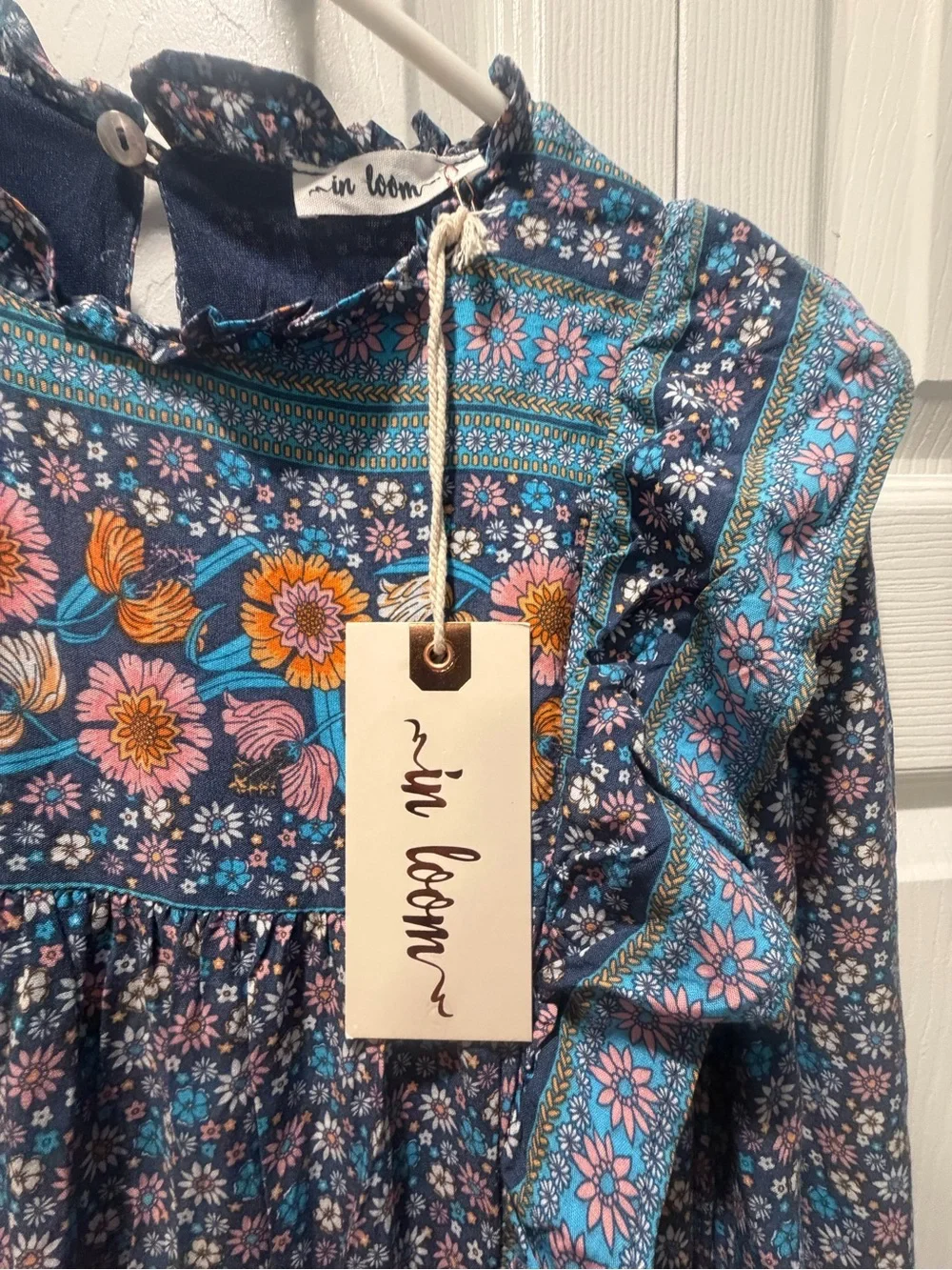 In Loom Navy Maxi Dress with Pink & Orange Floral Yoke - Picture 5 of 8